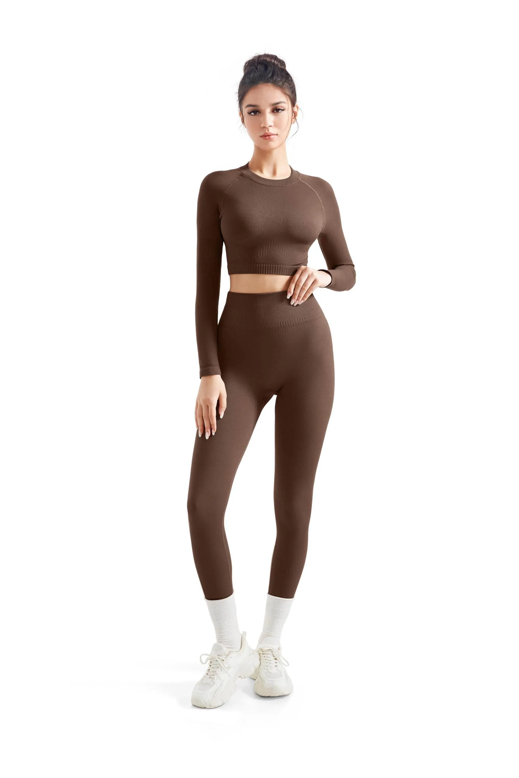 SUUKSESS Women 2 Piece Workout Sets Hidden Scrunch Butt Lifting Seamless Leggings Long Sleeve Yoga Crop Tops High Waisted Yoga Pants (Brown, M)