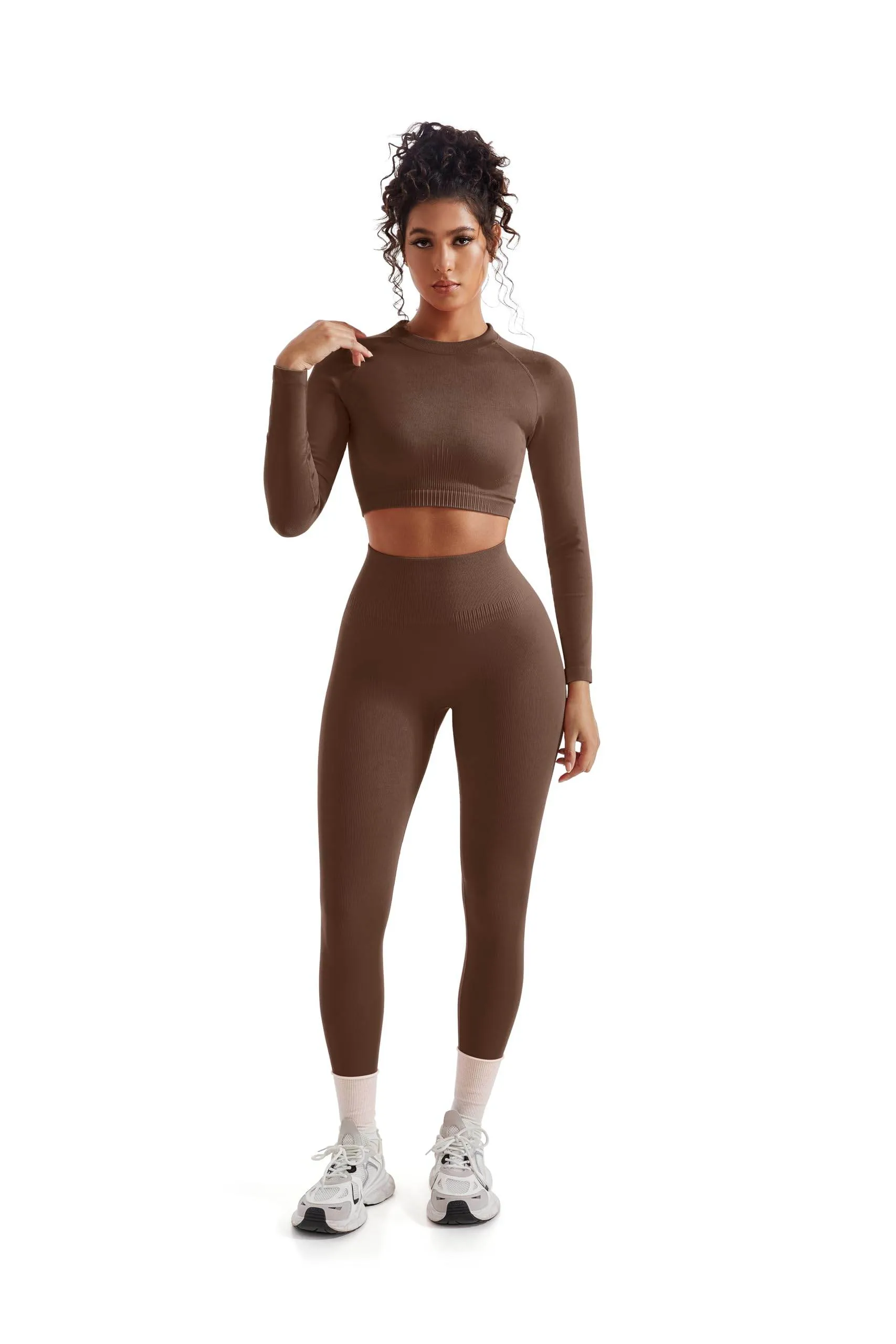 SUUKSESS Women 2 Piece Workout Sets Hidden Scrunch Butt Lifting Seamless Leggings Long Sleeve Yoga Crop Tops High Waisted Yoga Pants (Brown, M)