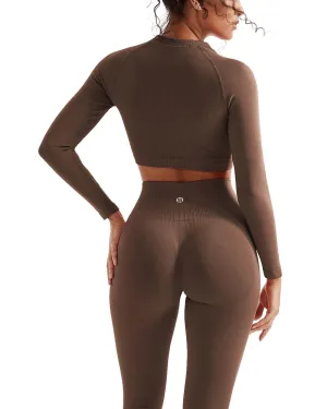 SUUKSESS Women 2 Piece Workout Sets Hidden Scrunch Butt Lifting Seamless Leggings Long Sleeve Yoga Crop Tops High Waisted Yoga Pants (Brown, M)