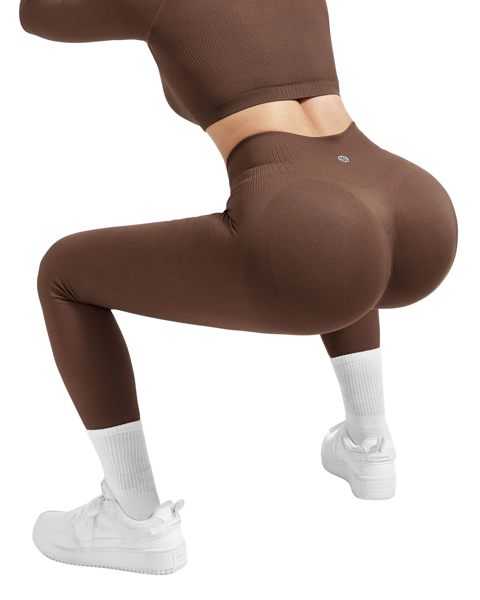 SUUKSESS Women 2 Piece Workout Sets Hidden Scrunch Butt Lifting Seamless Leggings Long Sleeve Yoga Crop Tops High Waisted Yoga Pants (Brown, M)