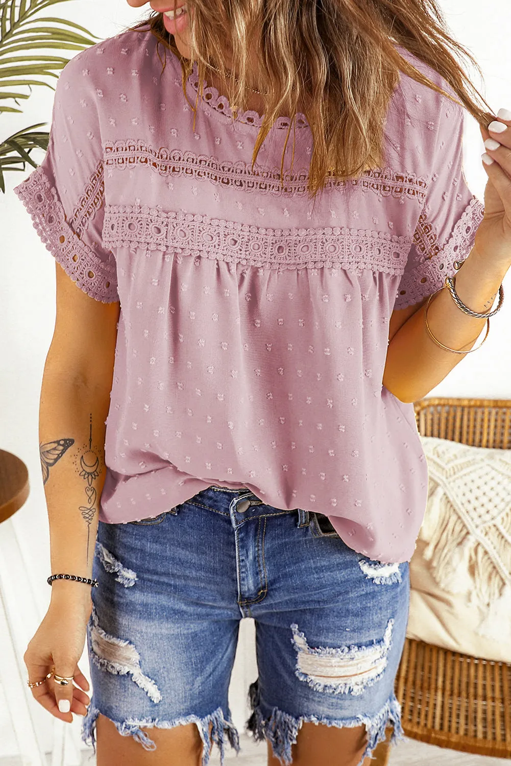 Swiss Dot Lace Splicing Short Sleeve Top