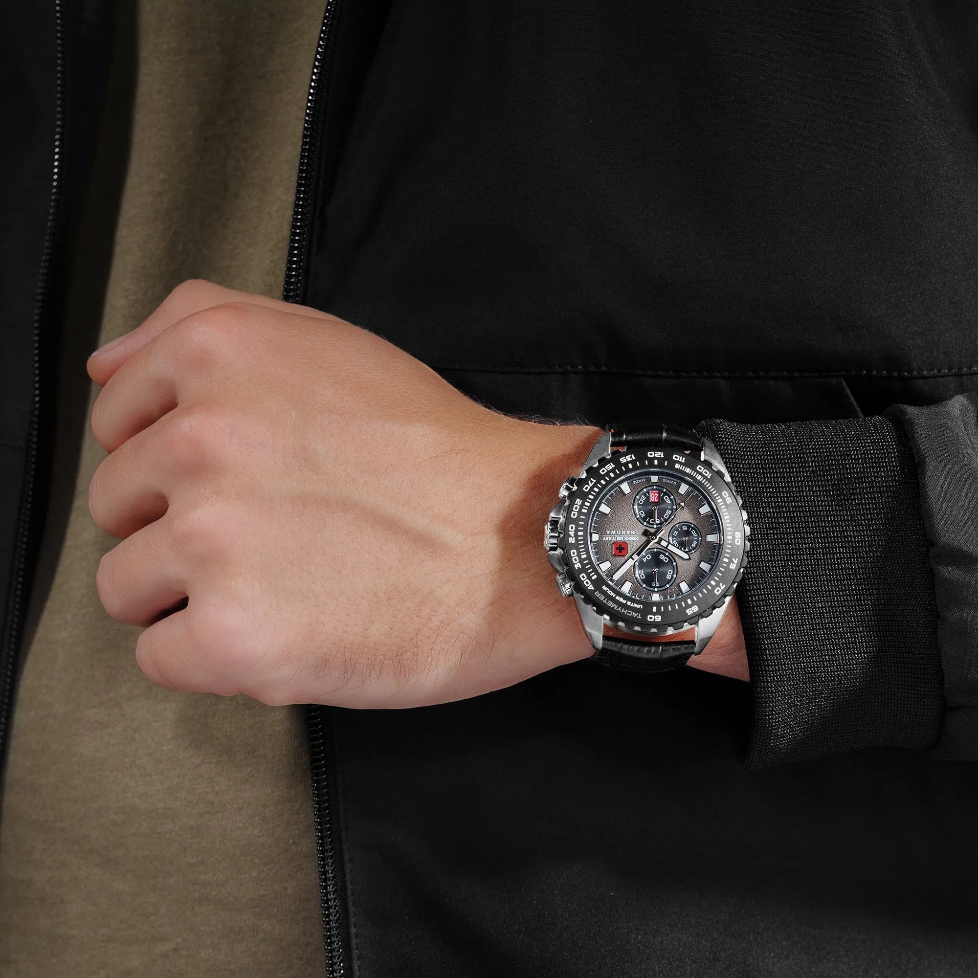 Swiss Military By Hanova Men's Stainless Steel Case Leather GREY Dial Watch
