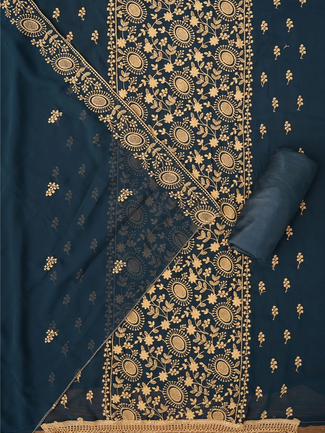 Teal Sequin Embroidered Silk Georgette Dress Material with Dupatta
