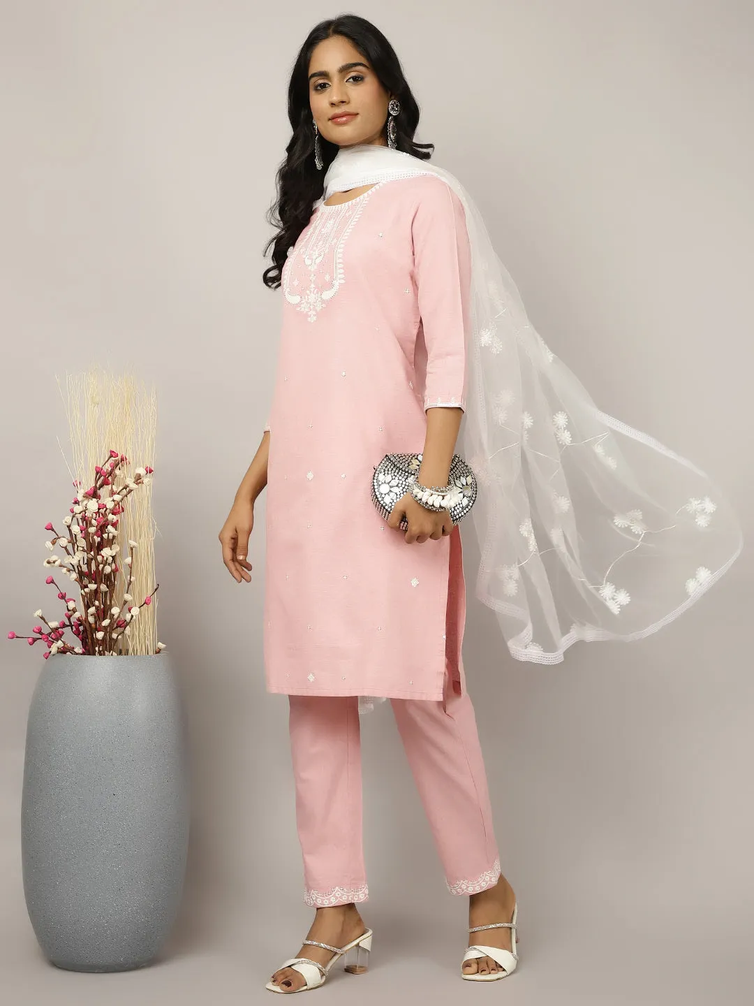 Thread And Sequin Embroidered Cotton Suit Set