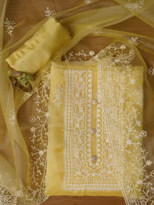 Unstitched Yellow Embroidered Organza Dress Material With Dupatta