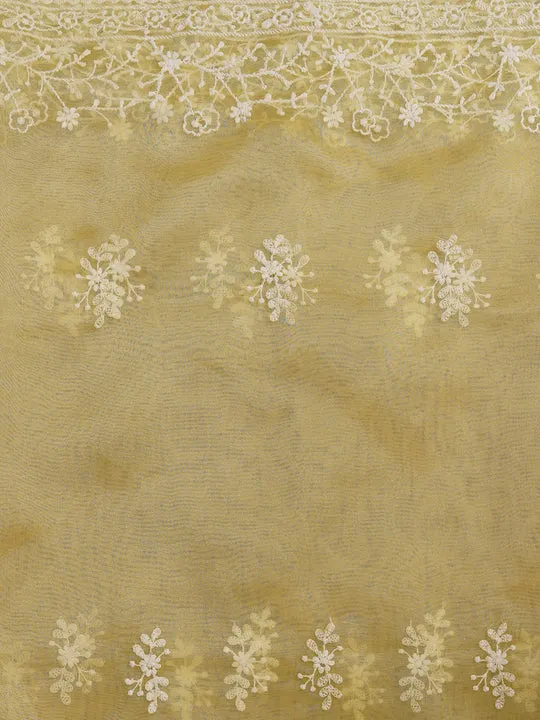 Unstitched Yellow Embroidered Organza Dress Material With Dupatta