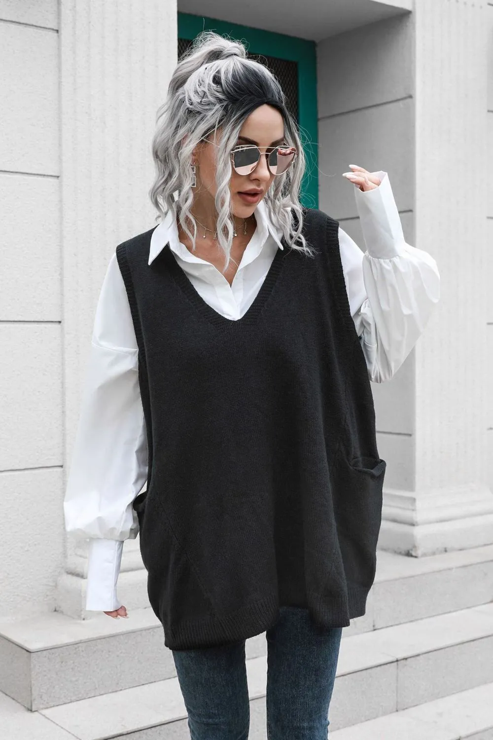Valencia V-Neck Sleeveless Sweater Vest with Pocket