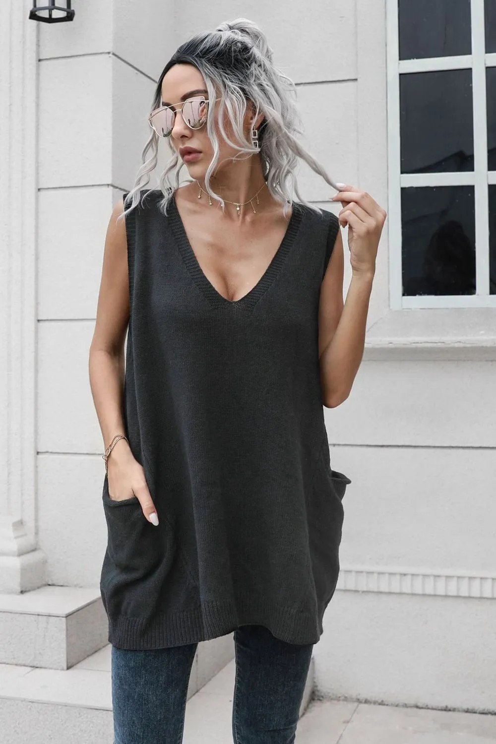 Valencia V-Neck Sleeveless Sweater Vest with Pocket