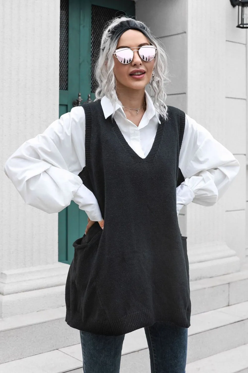 Valencia V-Neck Sleeveless Sweater Vest with Pocket