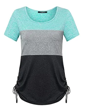 VALOLIA Running Tops for Women,Moisture Wicking Cool Feel Biking Shirt Crew Neck Short Sleeve Yoga Cycling Walking Flexible Color Block Outdoor Sports Tshirt(Multi-Black Medium)