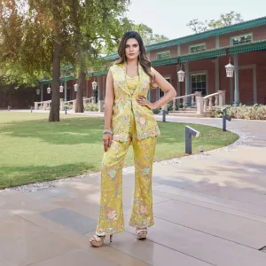 Vibrant Yellow Floral Embroidered Pant Suit