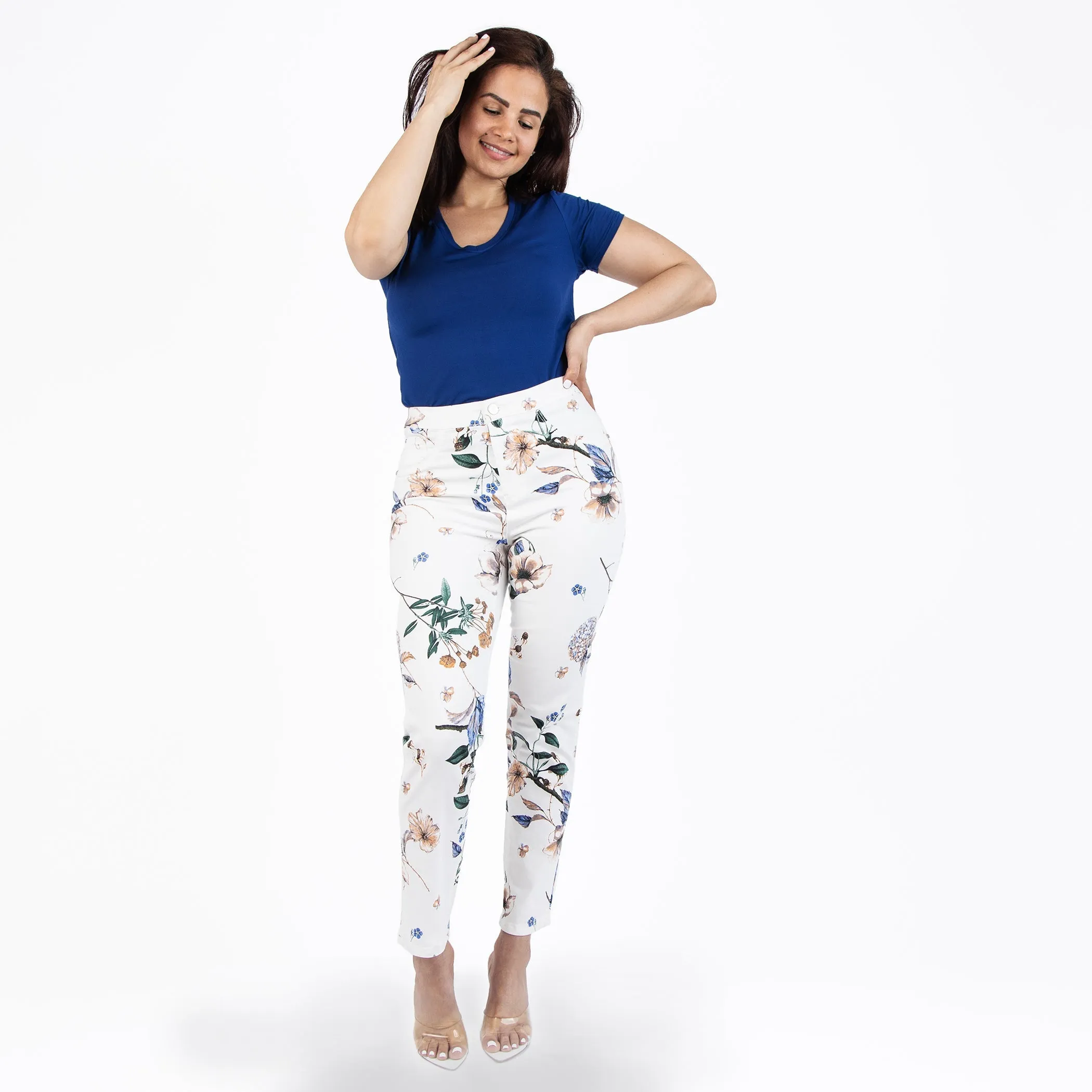White and Purple Printed Capris Jeans