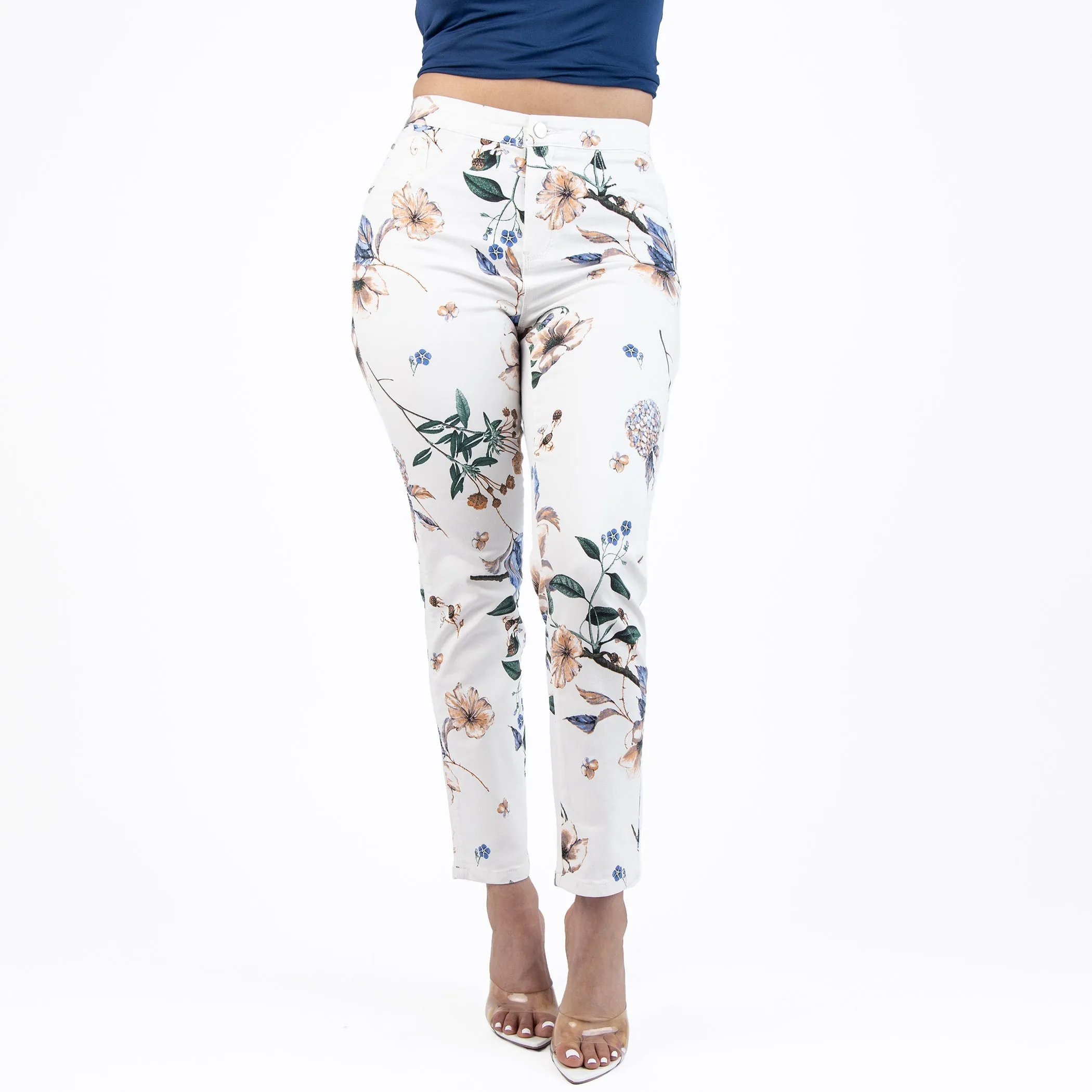 White and Purple Printed Capris Jeans