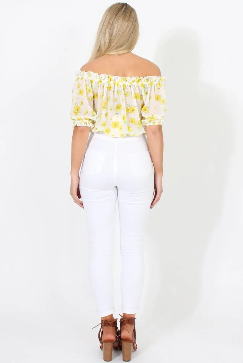 White And Yellow Floral Gypsy Crop Top - Mimi