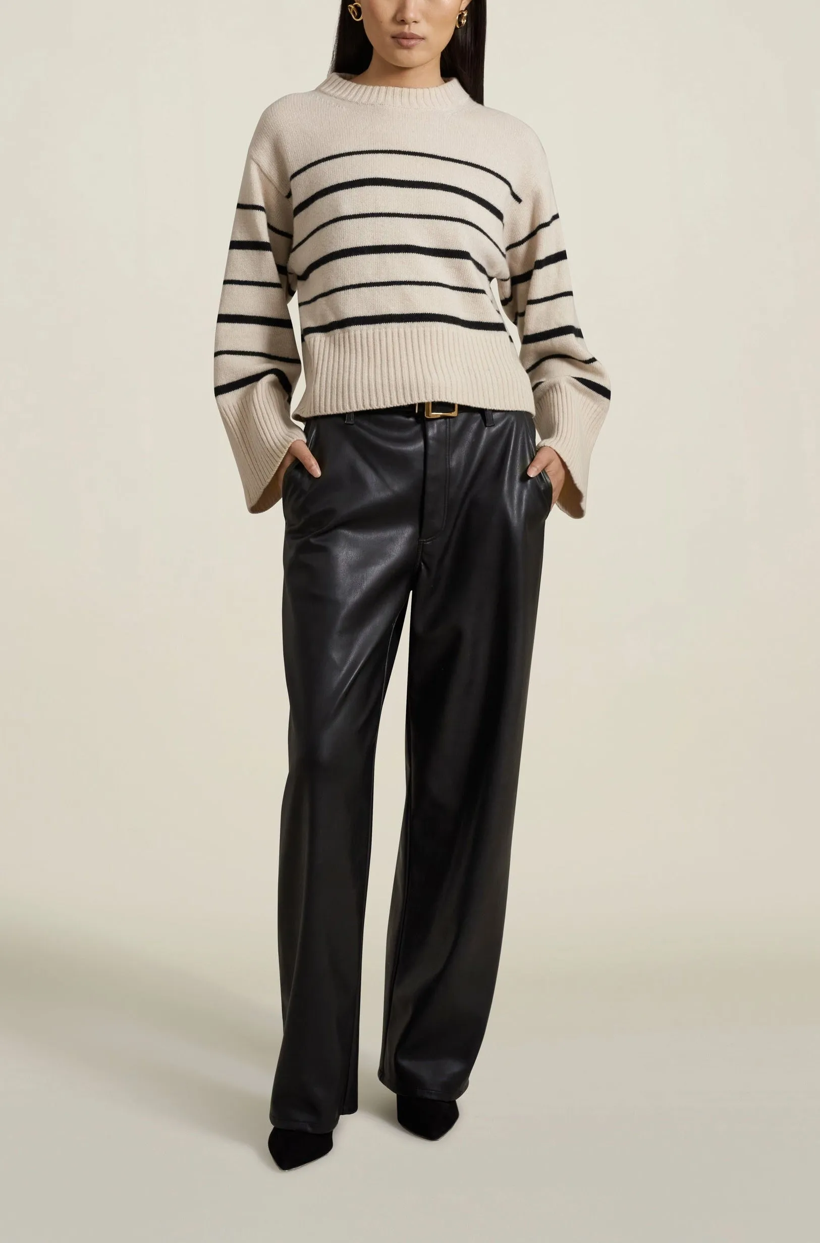 Wide Leg Column Jeans, Black Leather