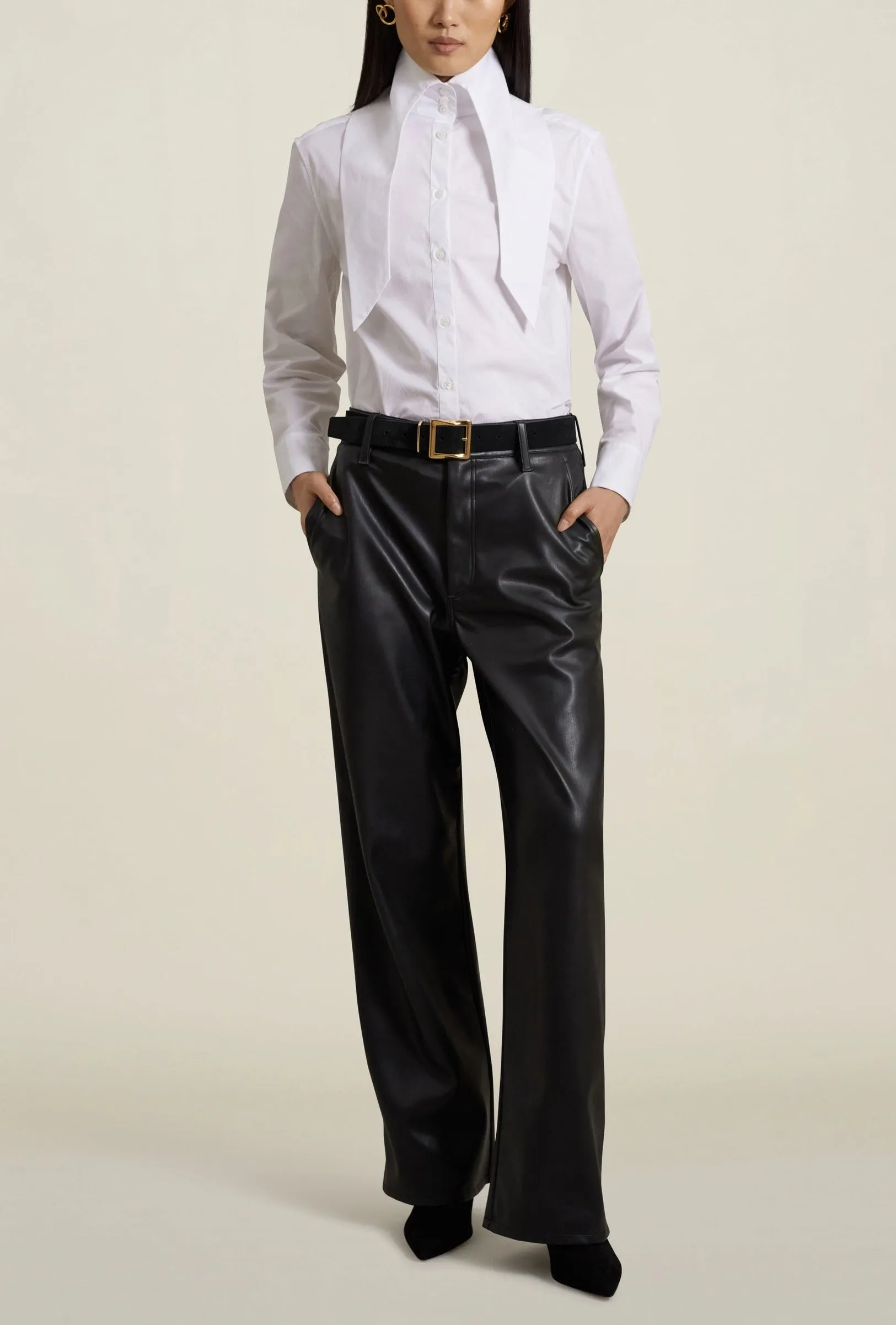 Wide Leg Column Jeans, Black Leather