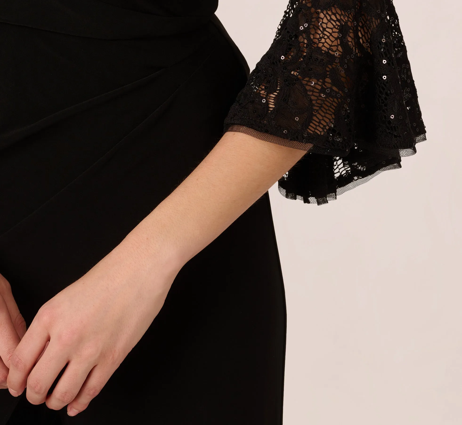 Wide Leg Jersey Jumpsuit With Sheer Lace Bell Sleeves In Black