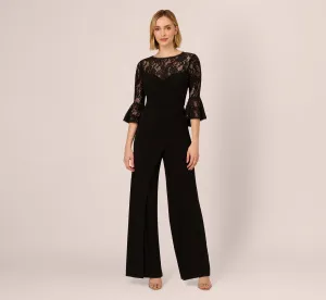 Wide Leg Jersey Jumpsuit With Sheer Lace Bell Sleeves In Black