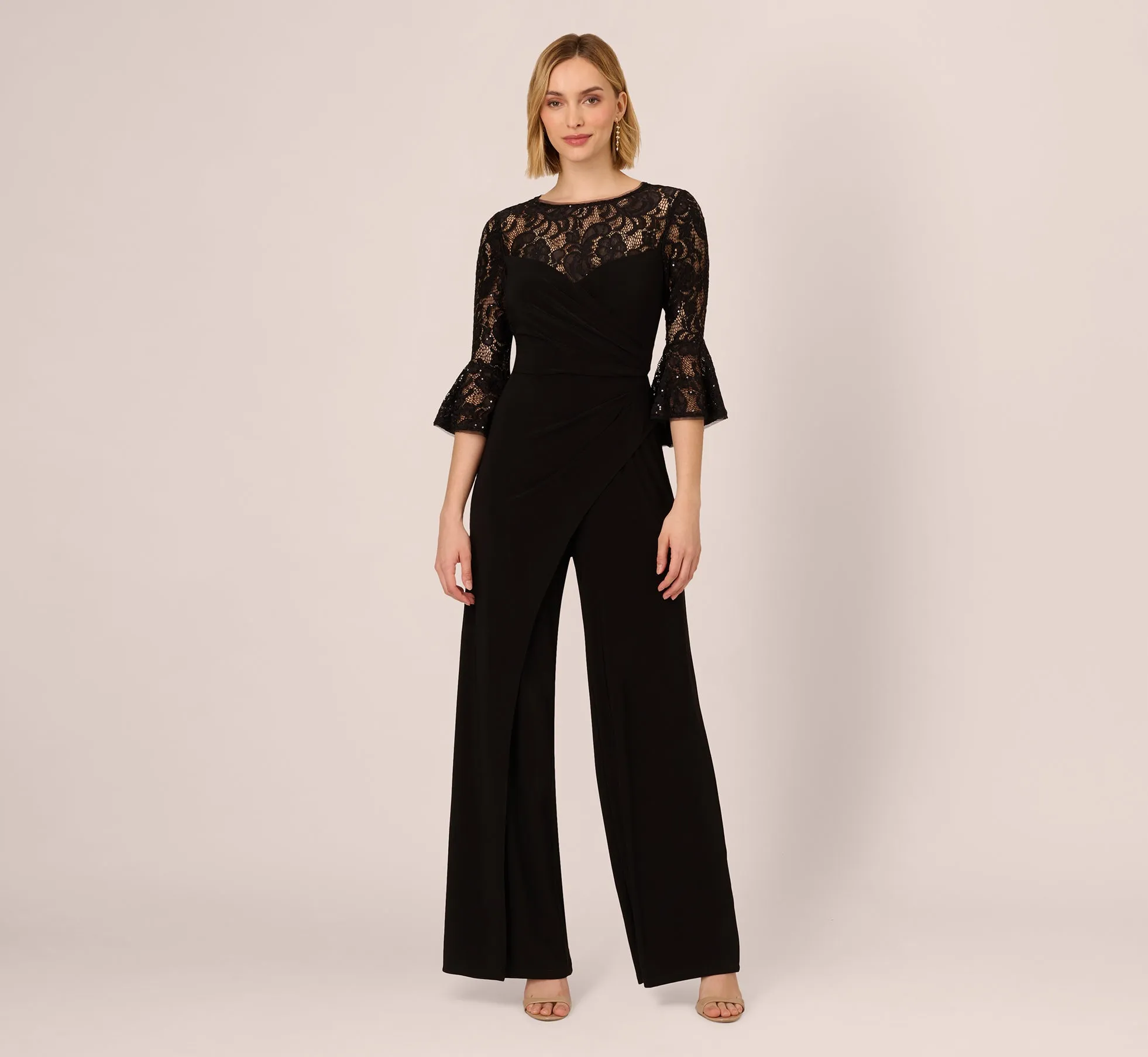 Wide Leg Jersey Jumpsuit With Sheer Lace Bell Sleeves In Black
