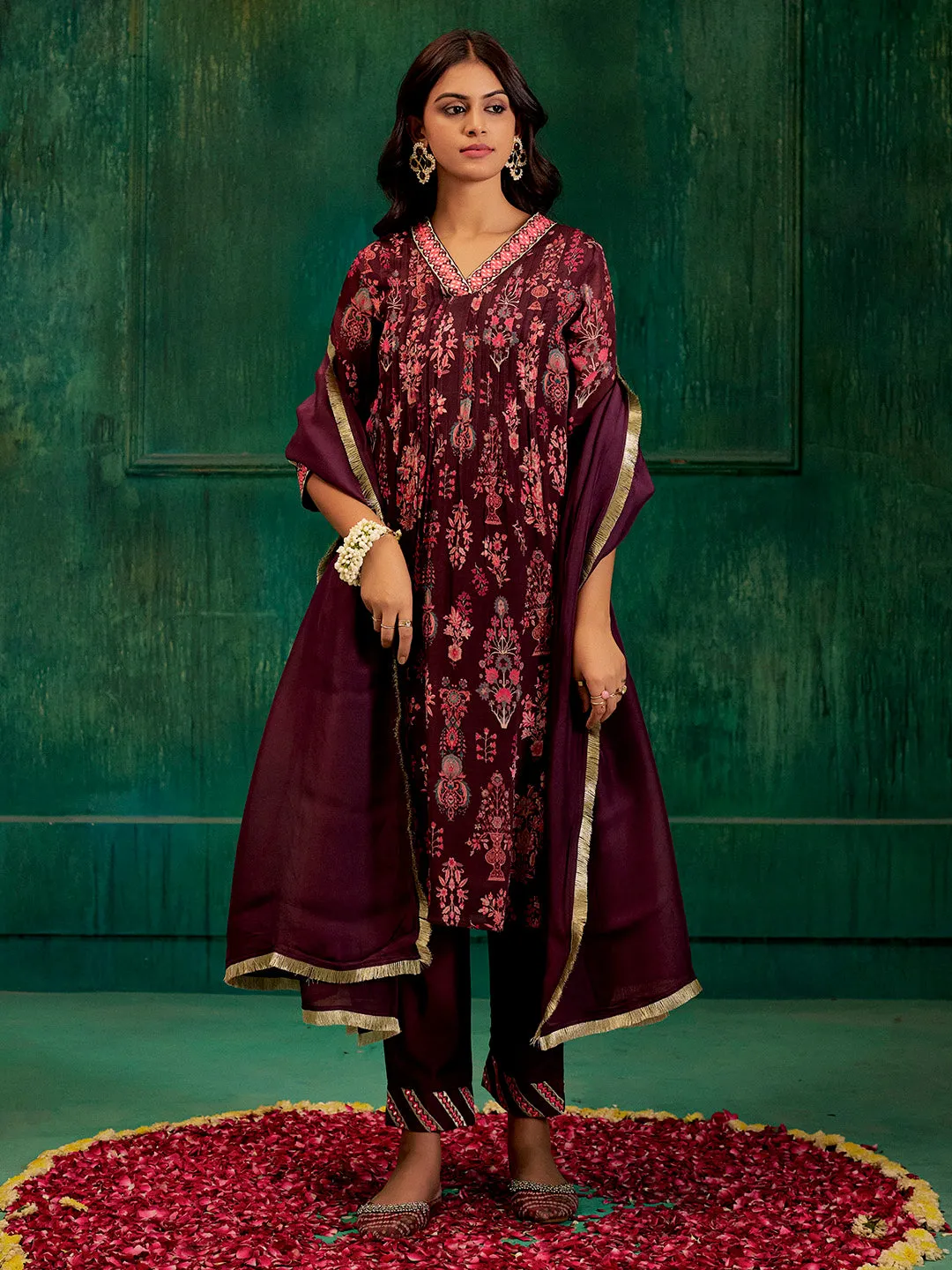 Wine Mirror Embroidered Festive Flared Kurta Set With Dupatta