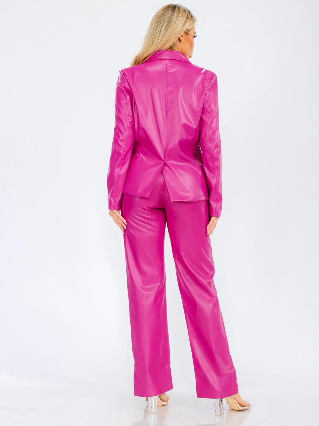 WOMEN'S BUTTON CLOSURE POCKETS WIDE LEG PU PLEATHER PANTS