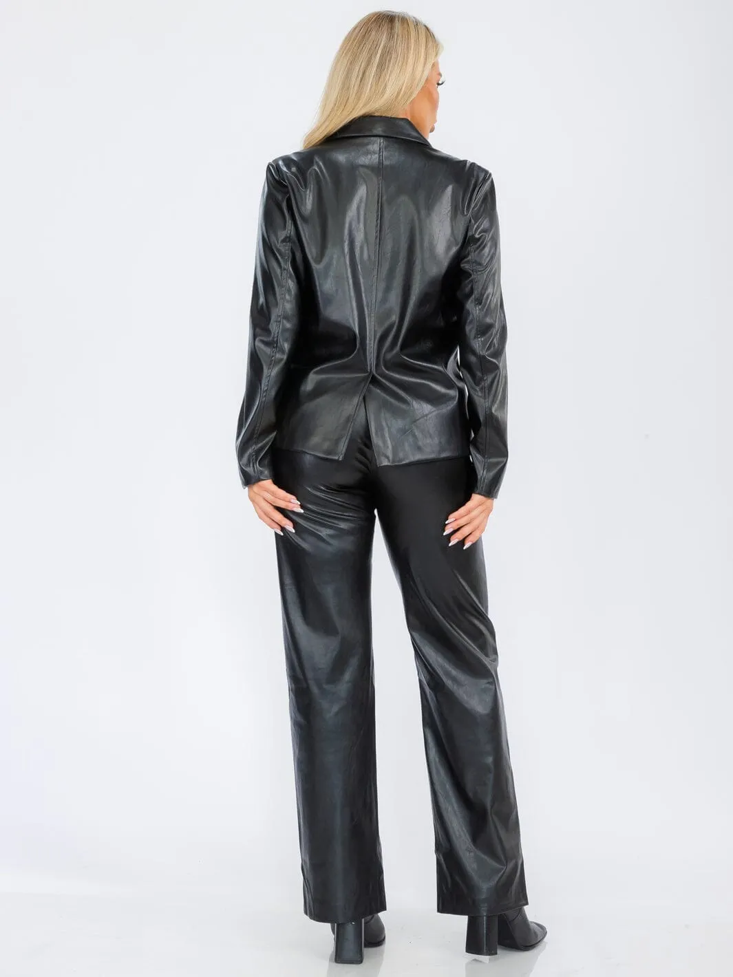 WOMEN'S BUTTON CLOSURE POCKETS WIDE LEG PU PLEATHER PANTS