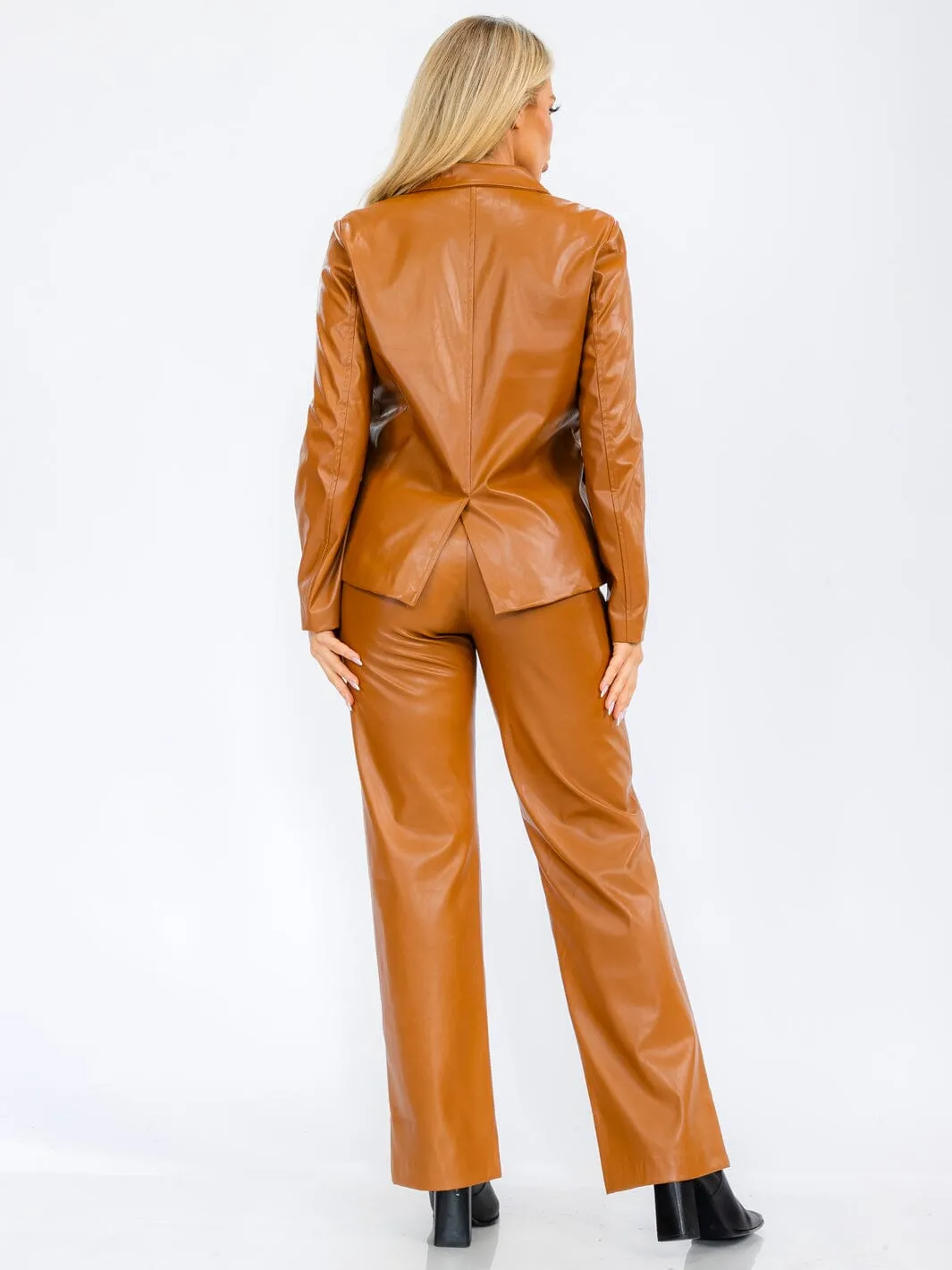 WOMEN'S BUTTON CLOSURE POCKETS WIDE LEG PU PLEATHER PANTS