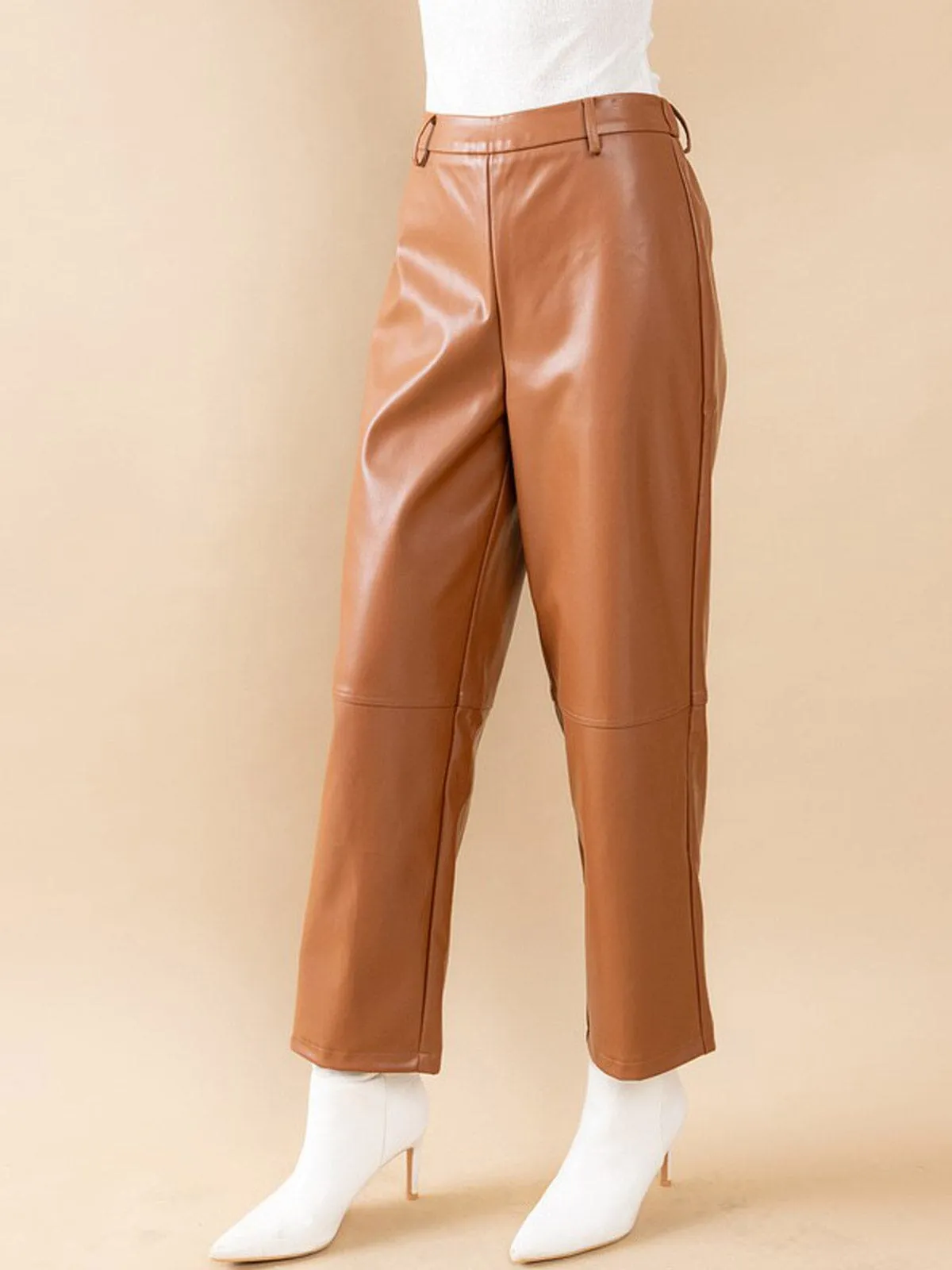 WOMEN'S BUTTON CLOSURE PU PLEATHER WIDE LEG PANTS
