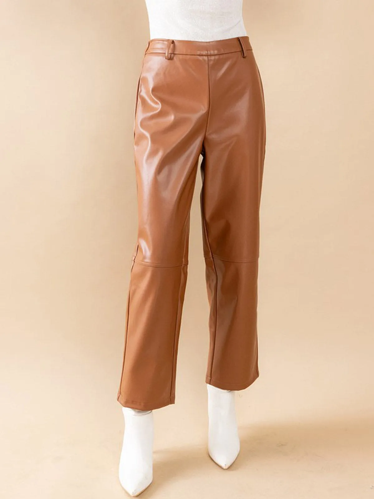WOMEN'S BUTTON CLOSURE PU PLEATHER WIDE LEG PANTS