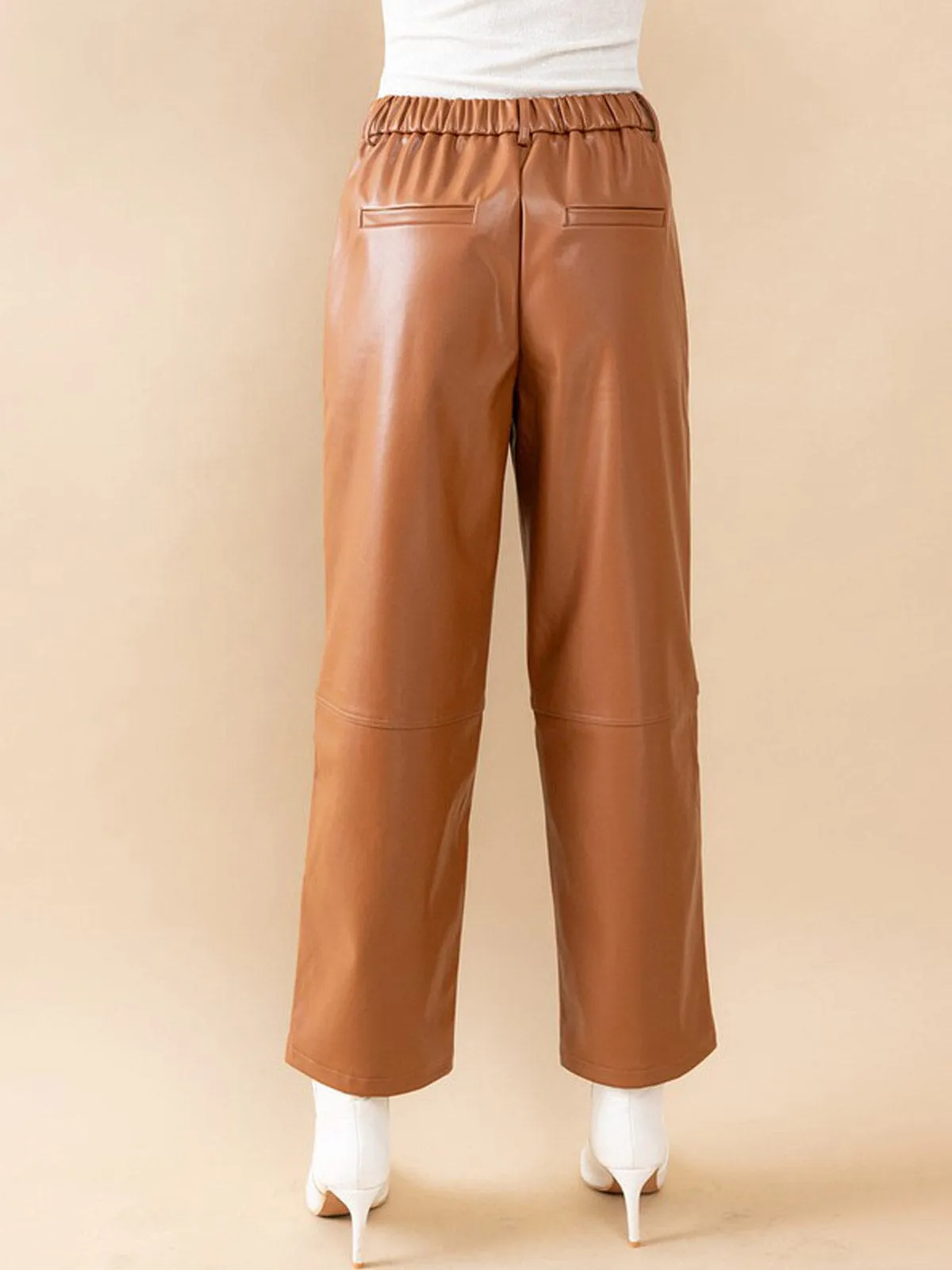 WOMEN'S BUTTON CLOSURE PU PLEATHER WIDE LEG PANTS