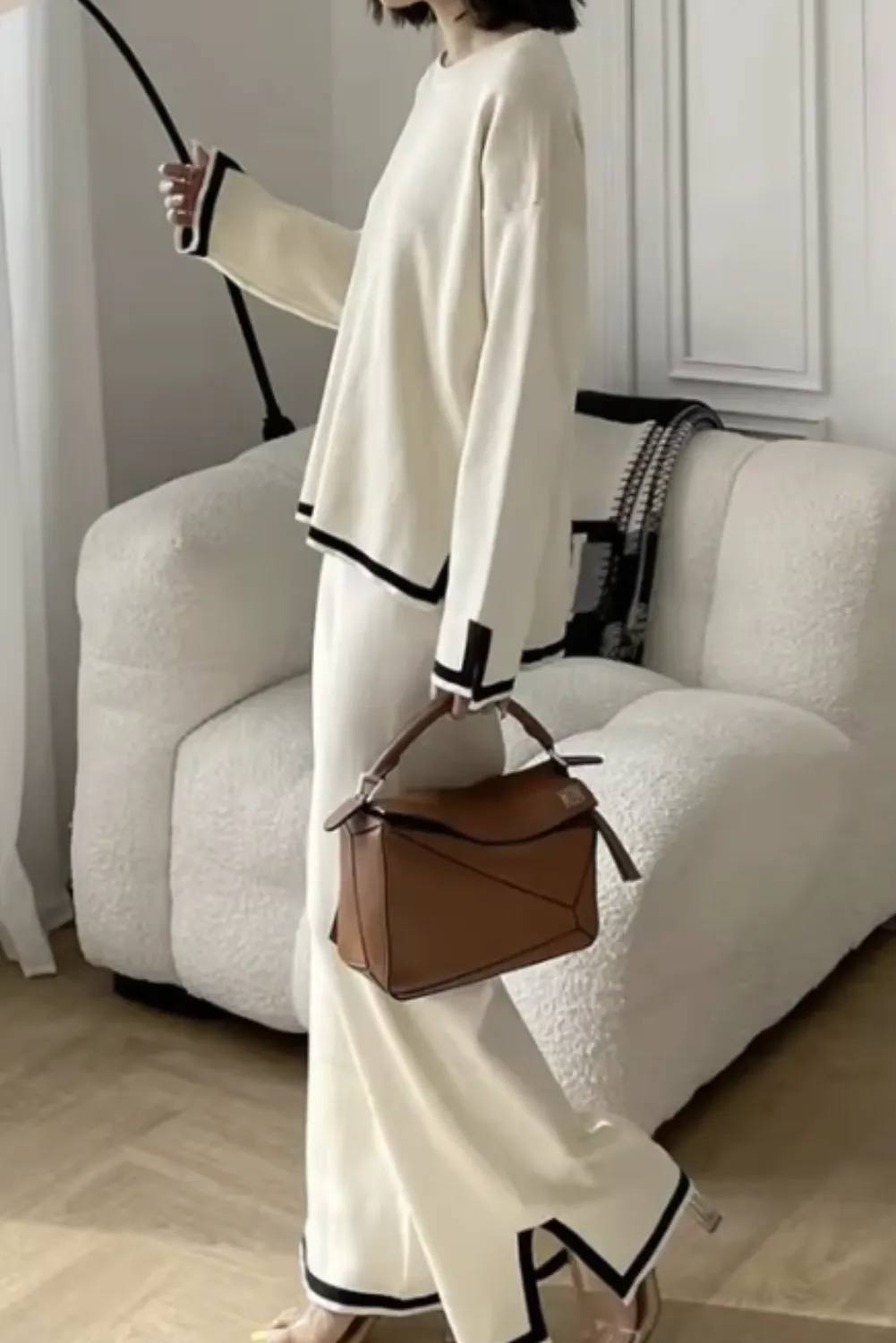 Womens Cozy O-Neck Sweater & Wide-Leg Pants 2-Piece Lounge Set