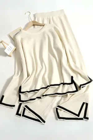 Womens Cozy O-Neck Sweater & Wide-Leg Pants 2-Piece Lounge Set
