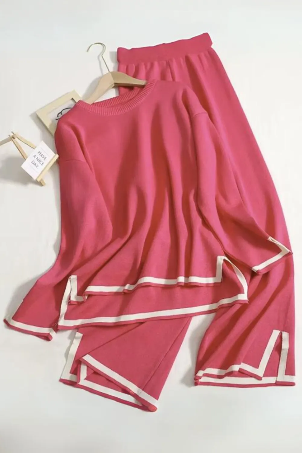 Womens Cozy O-Neck Sweater & Wide-Leg Pants 2-Piece Lounge Set
