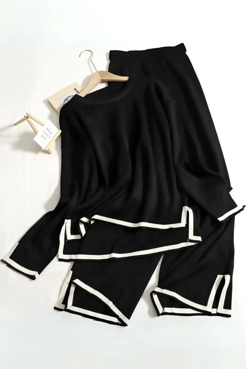 Womens Cozy O-Neck Sweater & Wide-Leg Pants 2-Piece Lounge Set