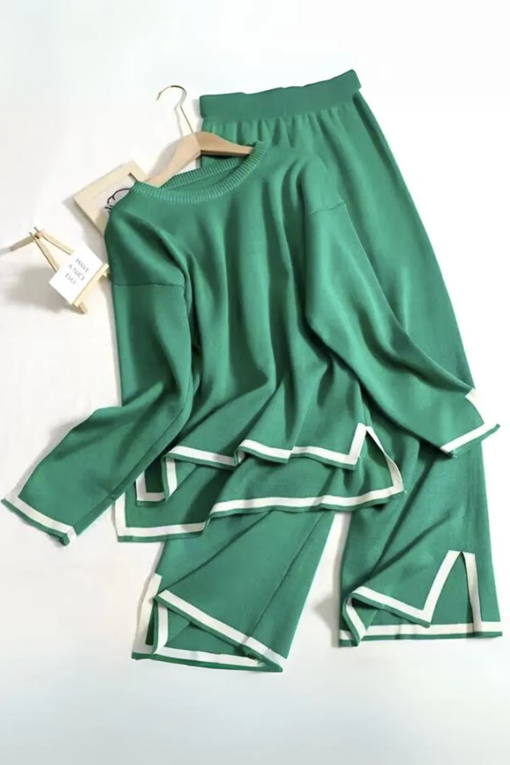 Womens Cozy O-Neck Sweater & Wide-Leg Pants 2-Piece Lounge Set