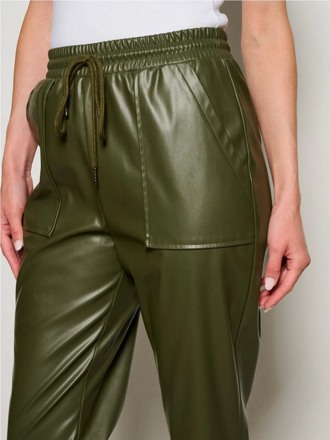 WOMEN'S ELASTIC WAIST POCKETS PU PLEATHER  PANTS