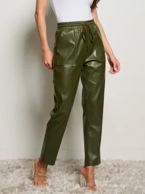 WOMEN'S ELASTIC WAIST POCKETS PU PLEATHER  PANTS