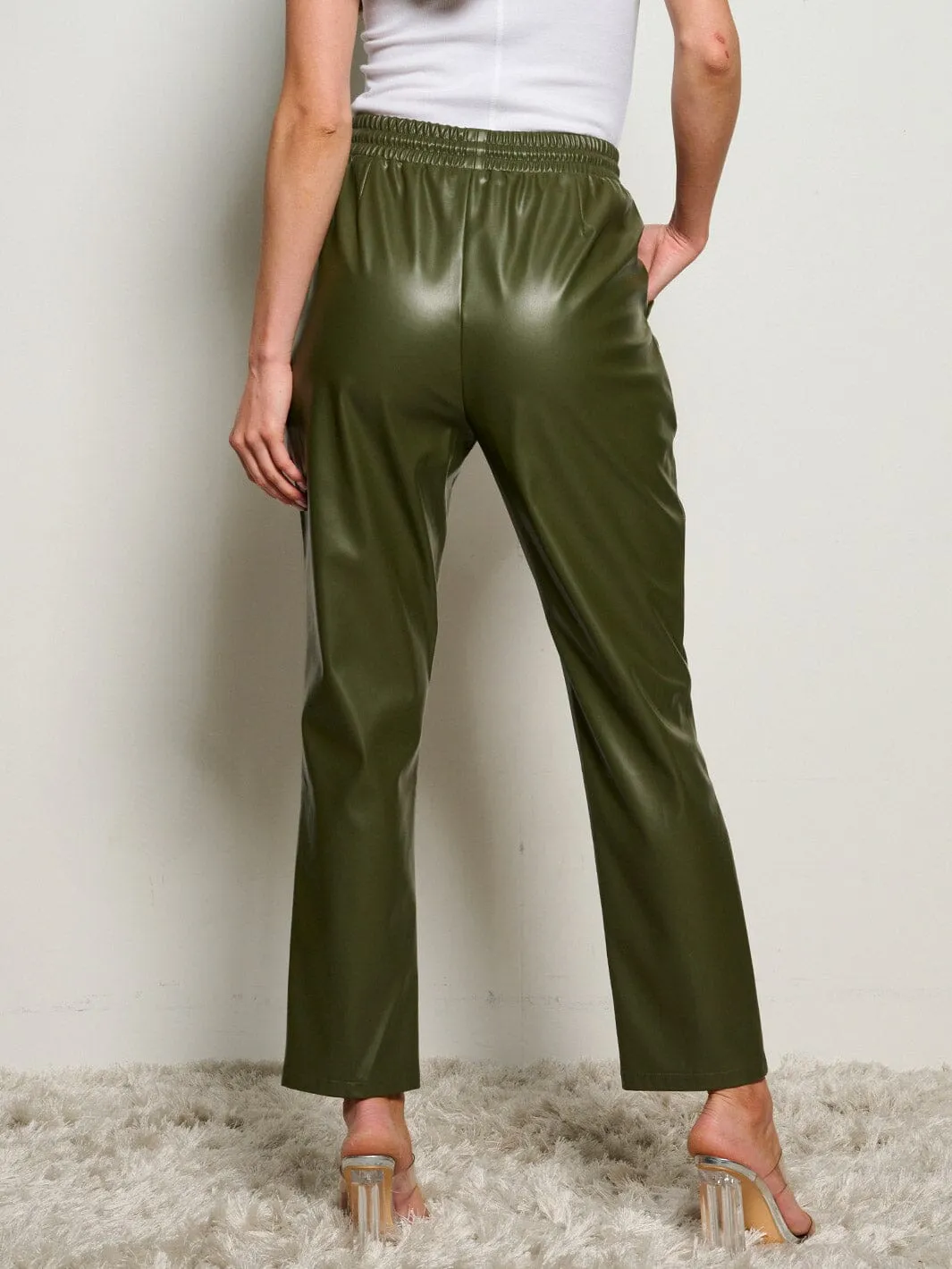 WOMEN'S ELASTIC WAIST POCKETS PU PLEATHER  PANTS