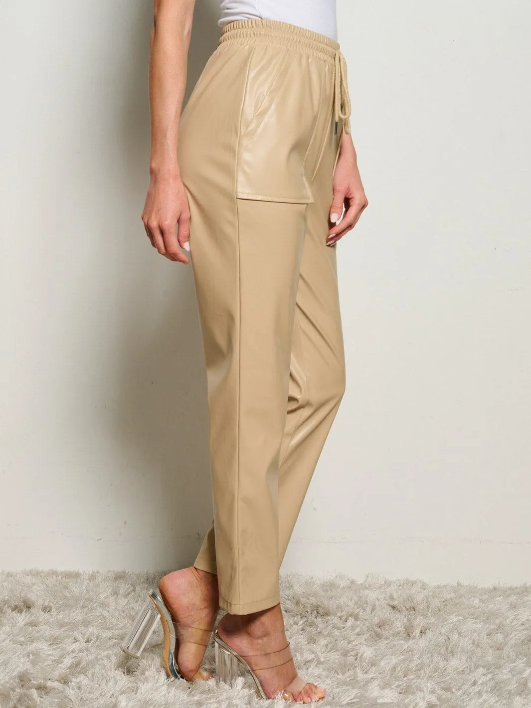 WOMEN'S ELASTIC WAIST POCKETS PU PLEATHER  PANTS