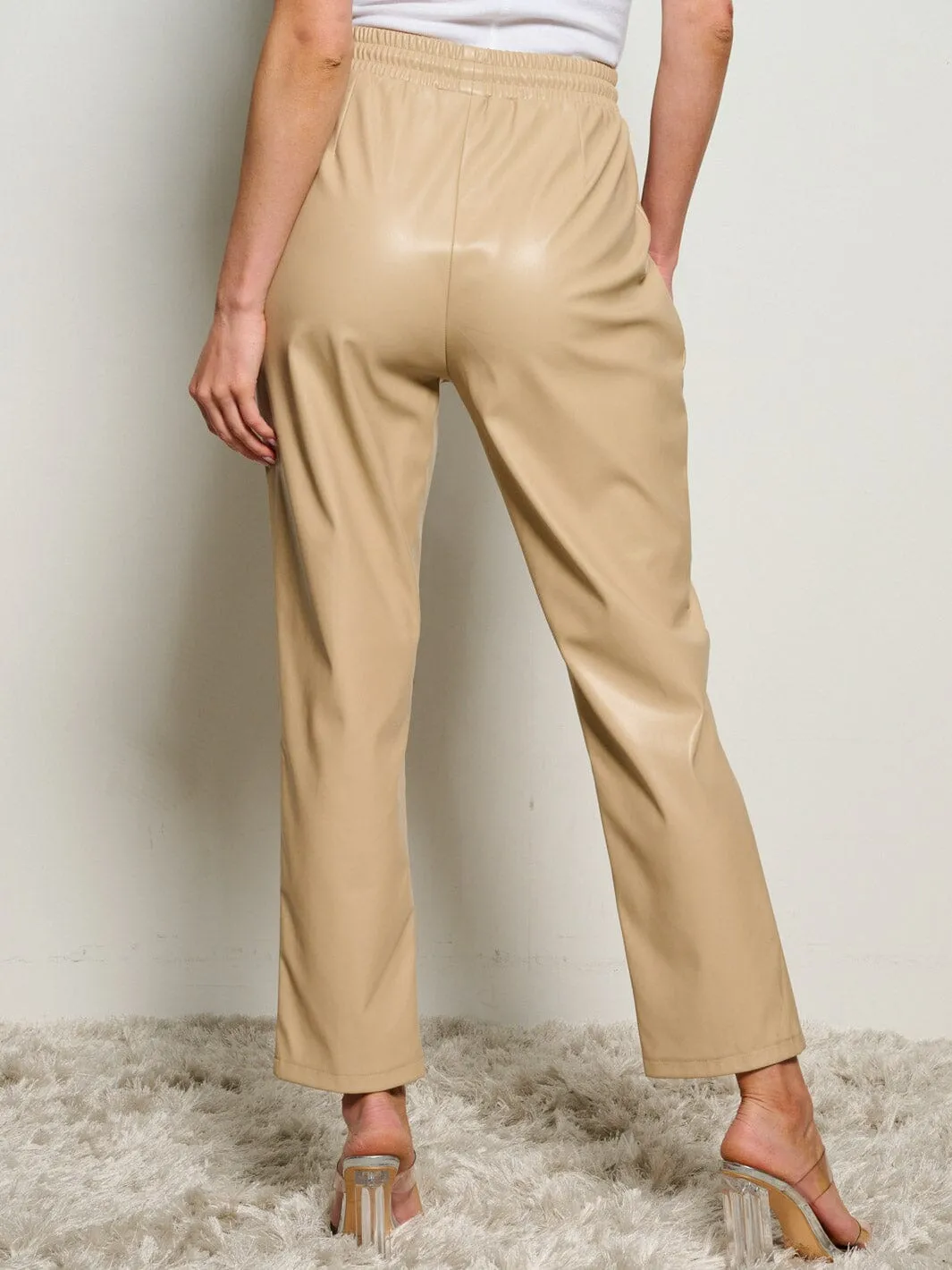 WOMEN'S ELASTIC WAIST POCKETS PU PLEATHER  PANTS