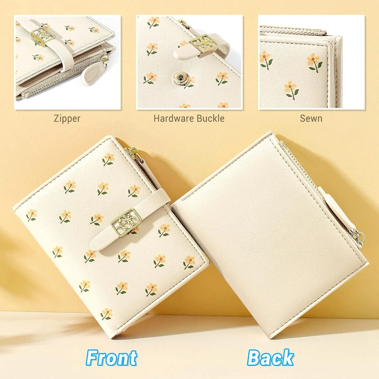 Women's flowers Faux Leather Bifolds Wallet with Zipper Coin Pocket