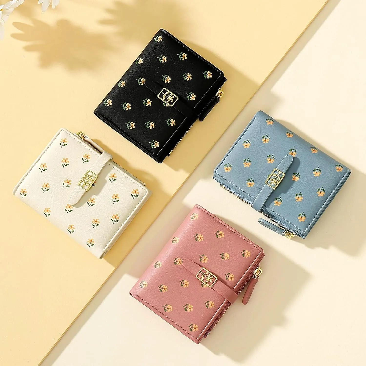 Women's flowers Faux Leather Bifolds Wallet with Zipper Coin Pocket