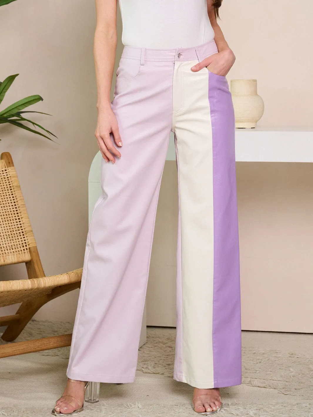 WOMEN'S PU PLEATHER COLORBLOCK POCKETS WIDE LEG PANTS
