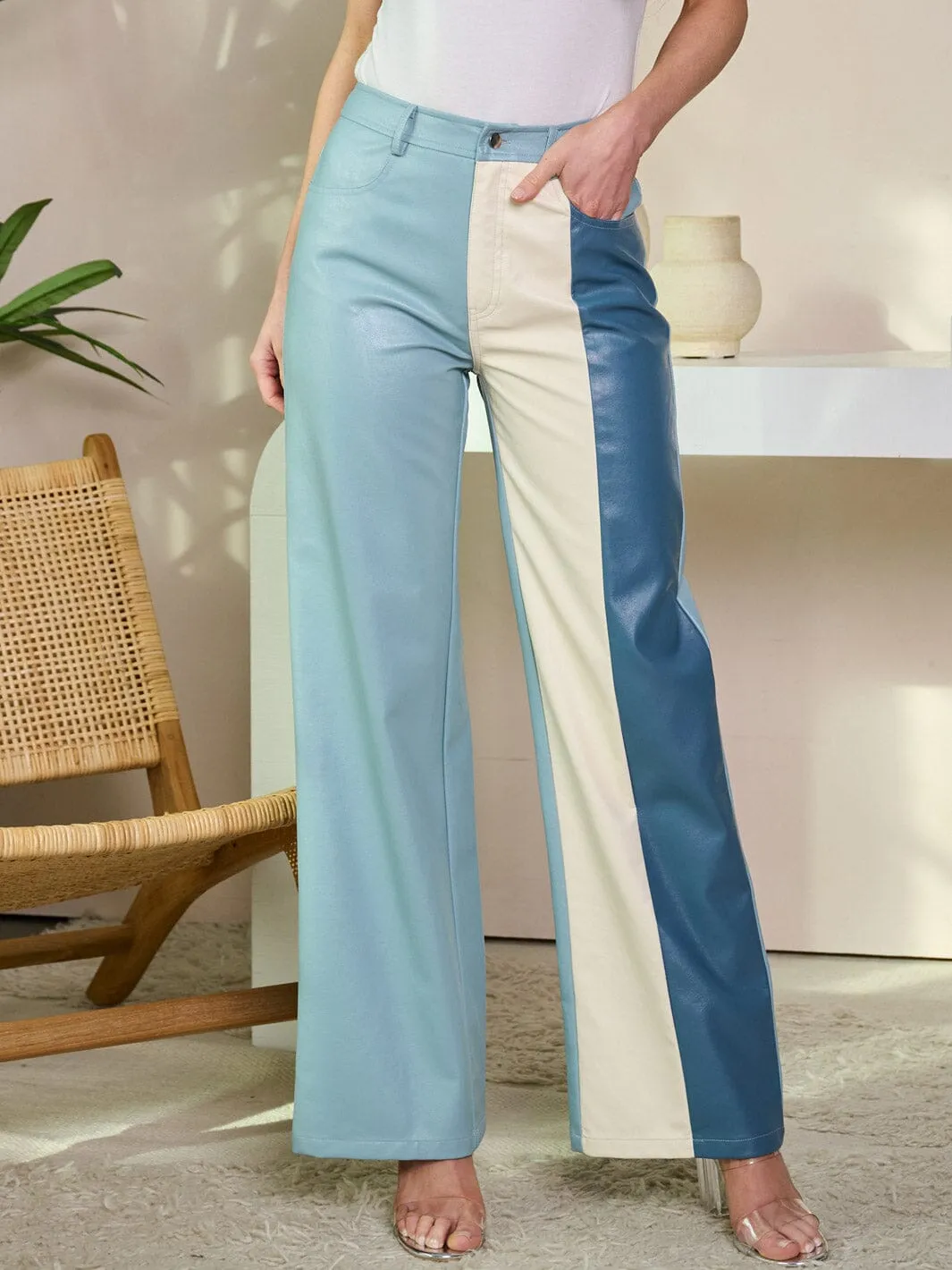 WOMEN'S PU PLEATHER COLORBLOCK POCKETS WIDE LEG PANTS
