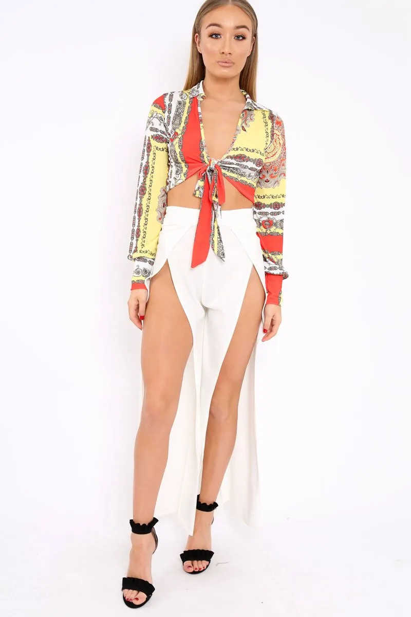 Yellow and Orange Slinky Tie Front Plunge Crop Top - Catie