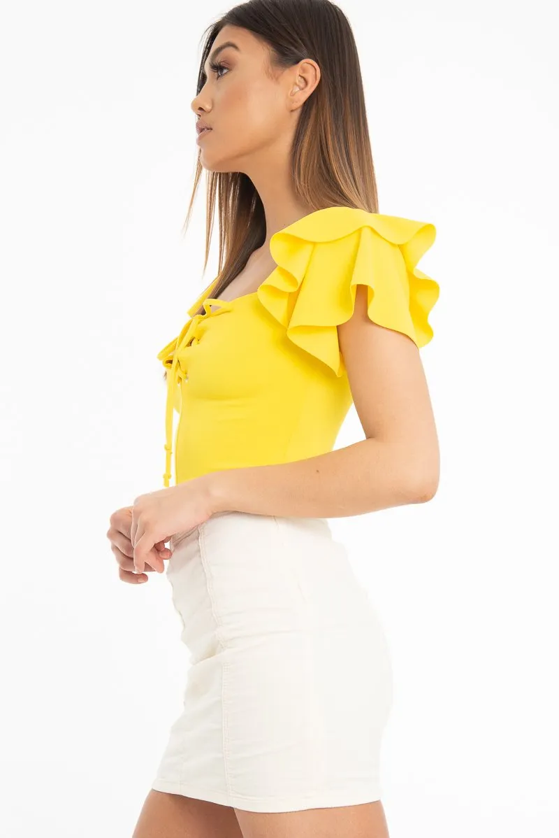 Yellow Cold Shoulder Lace Up Bardot Crop Top - Kenndra