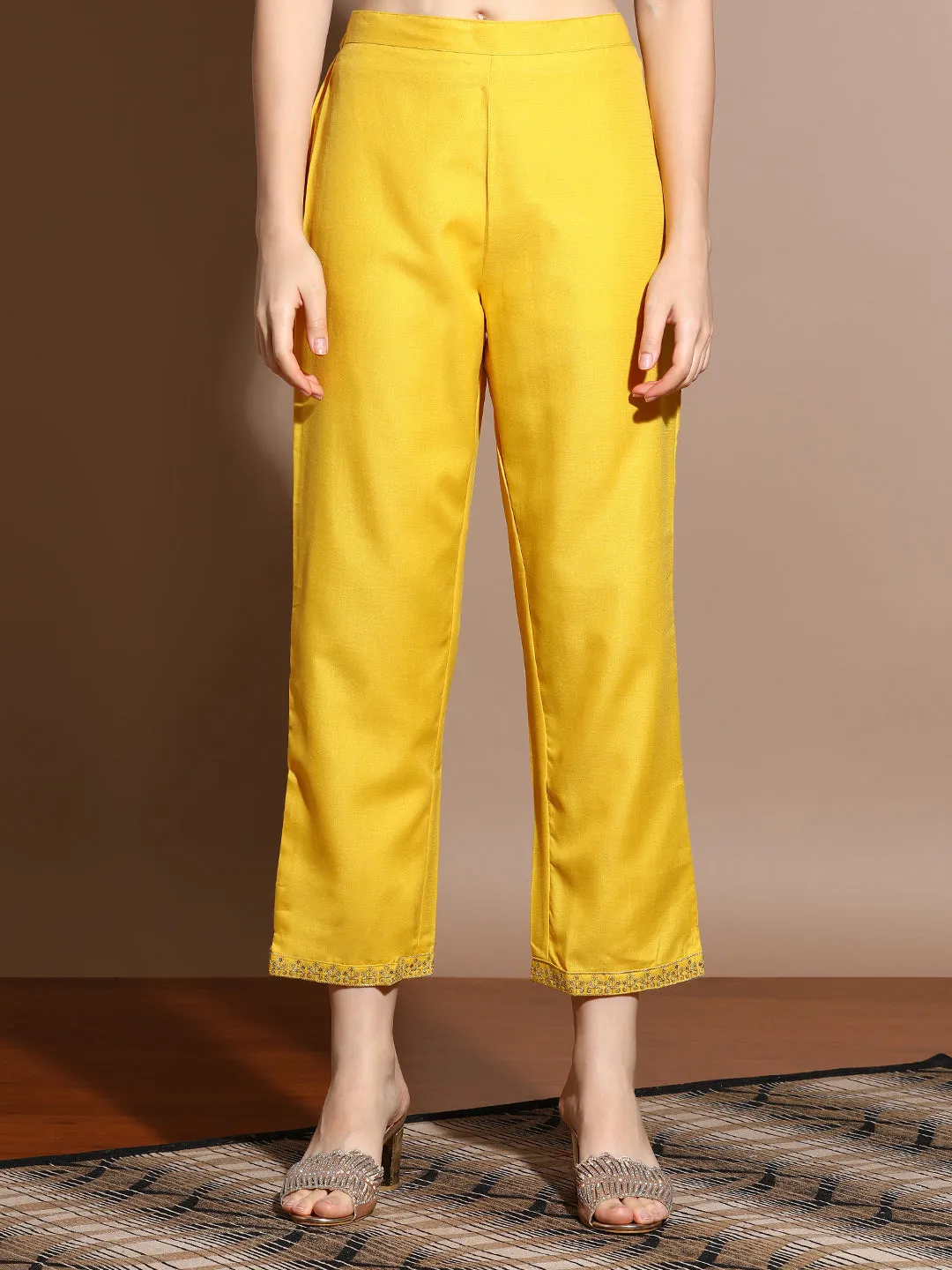 Yellow Embroidered Cotton Blend Kurta Set With Dupatta