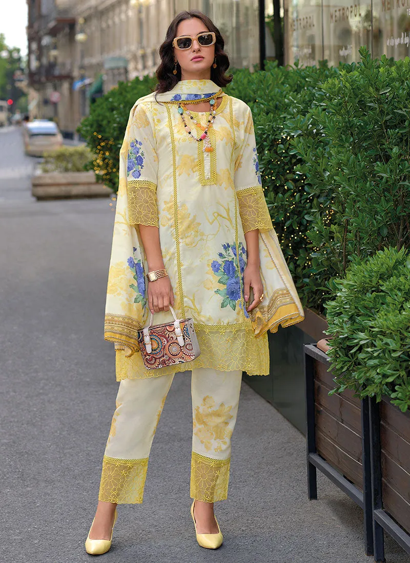 Yellow Embroidered Floral Print Pakistani Dress