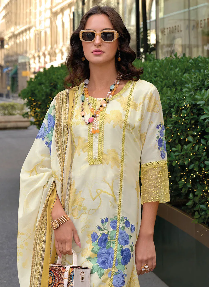 Yellow Embroidered Floral Print Pakistani Dress