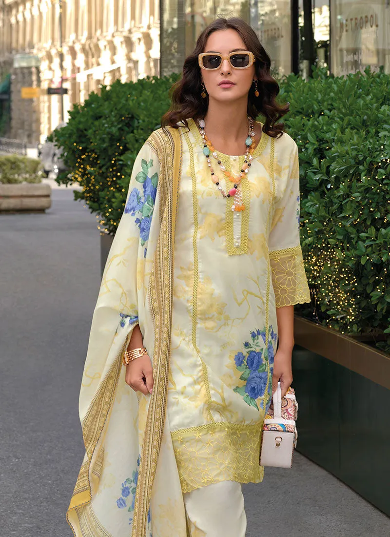 Yellow Embroidered Floral Print Pakistani Dress